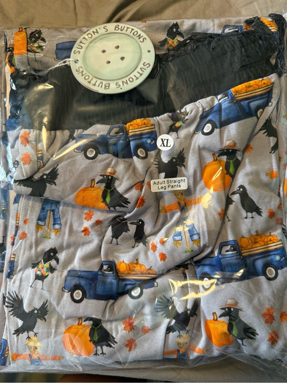 XL Gray Men's Straight Leg Pajama Pants with Pumpkin & Crow Print